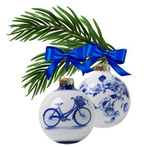 Heinen Delfts blauw Set mit 2 Delfter-blauen, dekorierten Weihnachtskugeln, 7 cm, Motiv: Blüte und Fahrrad