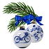 Heinen Delfts blauw Set mit 2 Delfter-blauen, dekorierten Weihnachtskugeln, 7 cm, Motiv: Blüte und Fahrrad