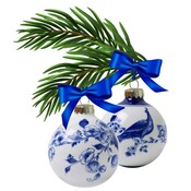 Heinen Delftware Set mit 2 Delfter Blau dekorierten Weihnachtskugeln, 7 cm, Blüte und Pfau