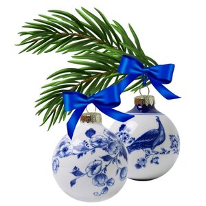 Heinen Delfts blauw Set mit 2 Delfter-blauen, dekorierten Weihnachtskugeln, 7 cm, Blüte und Pfau