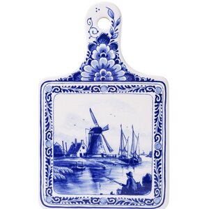 Heinen Delfts blauw Cheese board, small windmill, fisherman and cat by the waterside
