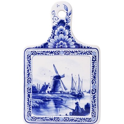 Heinen Delftware Cheese board, small mill and fisherman and cat on the waterfront