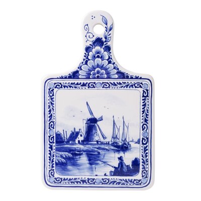 Heinen Delftware Cheese board, small mill and fisherman and cat on the waterfront