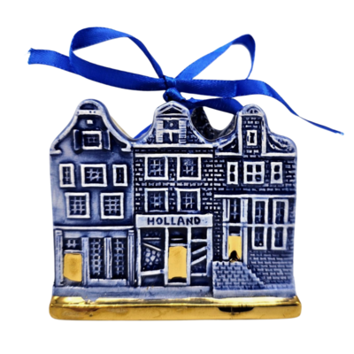 Matix Kerstornament 3 huisjes  Delfts-blauw met goud
