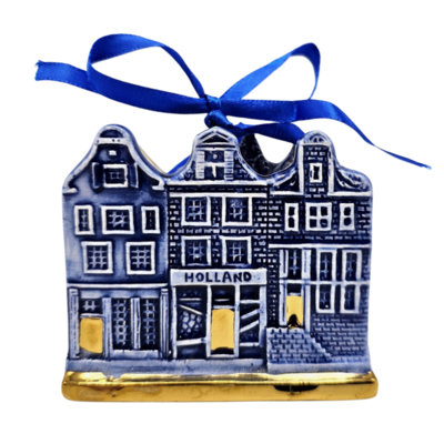 Typisch Hollands Kerstornament 3 huisjes  Delfts-blauw met goud