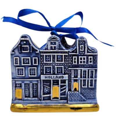Typisch Hollands Christmas ornament 3 houses Delft blue with gold