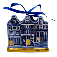 Typisch Hollands Kerstornament 3 huisjes  Delfts-blauw met goud