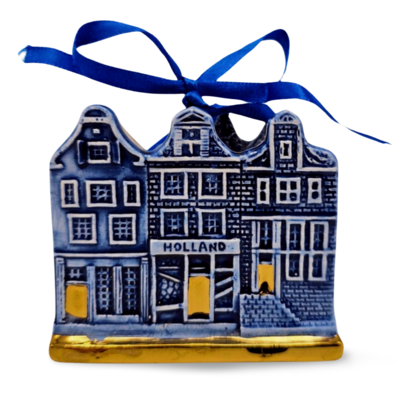 Typisch Hollands Christmas ornament 3 houses Delft blue with gold