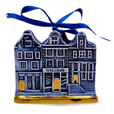 Typisch Hollands Kerstornament 3 huisjes  Delfts-blauw met goud