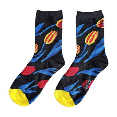 Holland sokken Damensocken - Tulpen (schwarz mit gelber Spitze) Größe 36-41