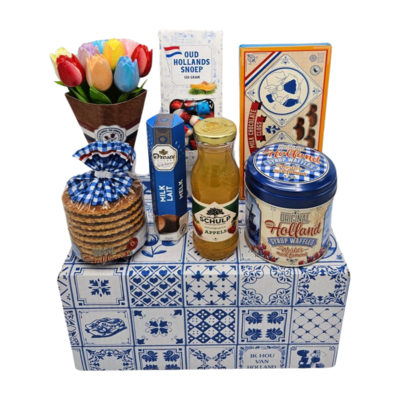 typisch-hollands-geschenkpakket Verpackung typisch niederländischer Delikatessen (Delft-blaue Schachtel)