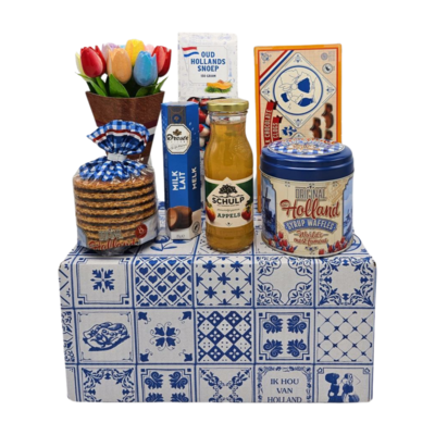 typisch-hollands-geschenkpakket Verpackung typisch niederländischer Delikatessen (Delft-blaue Schachtel)