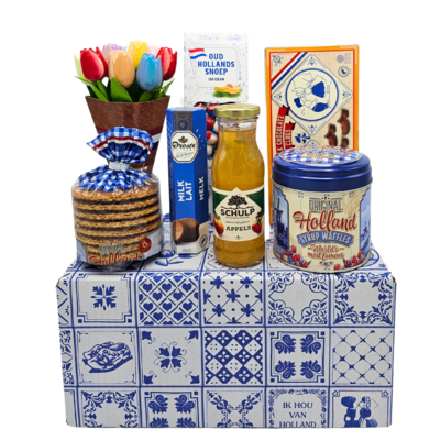 typisch-hollands-geschenkpakket Verpackung typisch niederländischer Delikatessen (Delft-blaue Schachtel)