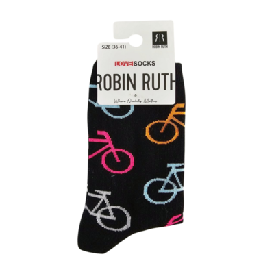 Typisch Hollands Damensocken – Fahrradmotiv – Schwarz mit neonfarbenen Fahrrädern