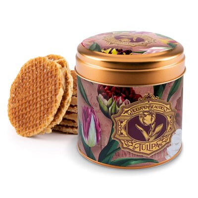 Matix Stroopwafels in  Stijlvol blik met Tulpendecoratie - Folie , lint en bijpassend kaartje