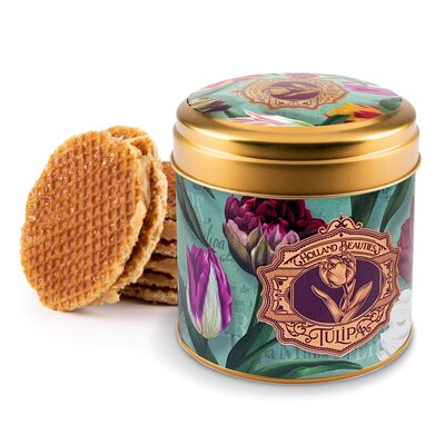 Typisch Hollands Stroopwafels in einer stilvollen Dose mit Tulpendekor – Folie, Band und passender Karte