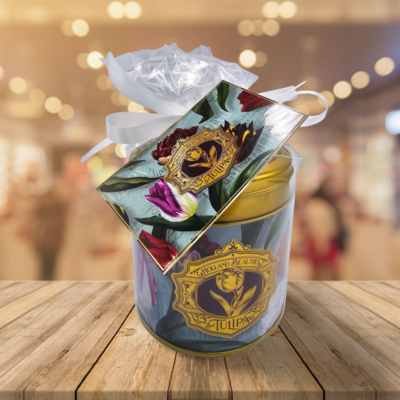 Typisch Hollands Stroopwafels in a stylish tin with tulip decoration - foil, ribbon and matching card