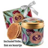 Typisch Hollands Stroopwafels in einer stilvollen Dose mit Tulpendekor – Folie, Band und passender Karte