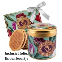Typisch Hollands Stroopwafels in  Stijlvol blik met Tulpendecoratie - Folie , lint en bijpassend kaartje
