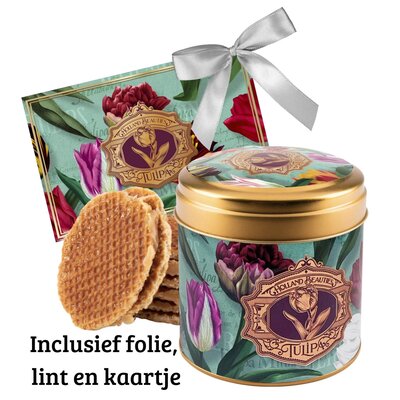 Typisch Hollands Stroopwafels in einer stilvollen Dose mit Tulpendekor – Folie, Band und passender Karte