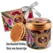 Matix Stroopwafels in einer eleganten Dose mit Tulpenverzierung – Folie, Schleife und passende Karte