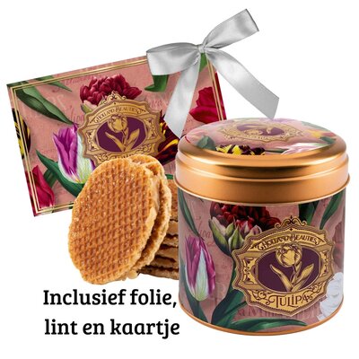 Matix Stroopwafels in einer eleganten Dose mit Tulpenverzierung – Folie, Schleife und passende Karte