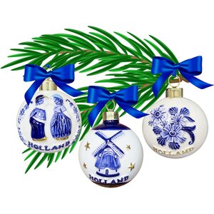 Matix Set mit 3 Delfter-blauen, dekorierten Weihnachtskugeln, 6 cm