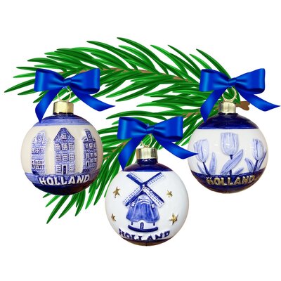 Matix Set of 3 Delft blue decorated Christmas baubles 6cm