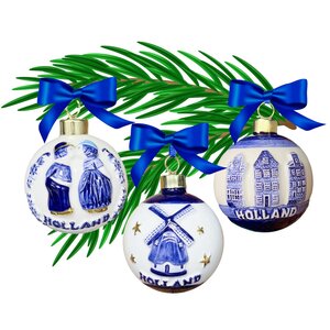 Matix Set mit 3 Delfter-blauen, dekorierten Weihnachtskugeln, 6 cm
