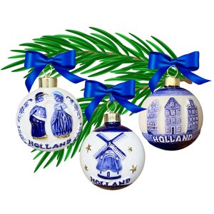 Typisch Hollands Set of 3 Delft blue decorated Christmas baubles 6cm