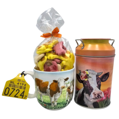 www.typisch-hollands-geschenkpakket.nl Gift package cows - Wiebe van der Zee (milk can) - Fruit cows