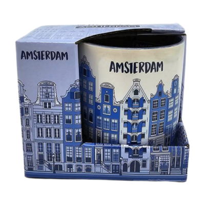 Typisch Hollands Große Kaffee- und Teetasse in Geschenkbox – Delfter Blau – Amsterdam