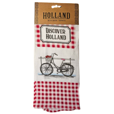 Typisch Hollands Keukendoek - Holland Rood - Wit   -Fiets & Windmolens - Copy