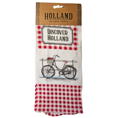 Typisch Hollands Küchentuch – Hollandrot – Weiß – Fahrrad & Windmühlen – Kopie