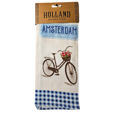 Typisch Hollands Keukendoek - Amsterdam Blauw-Wit  -Fiets & Windmolens