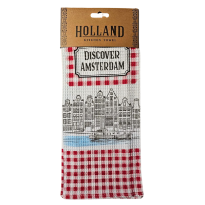 Typisch Hollands Keukendoek - Amsterdam Rood-Wit - Gevelhuisjes