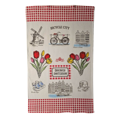 Typisch Hollands Kitchen towel - Amsterdam Red-White - Facade Houses