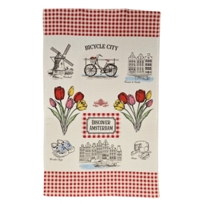 Typisch Hollands Kitchen towel - Amsterdam Red-White - Facade Houses