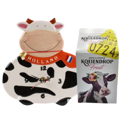 Typisch Hollands Cadeauset -Wandklok Koe  en koeiendrop in melkpak