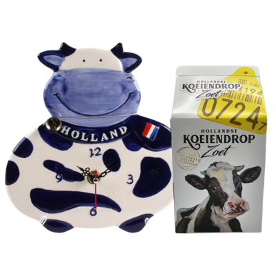 Typisch Hollands Cadeauset -Wandklok Koe  en koeiendrop in melkpak