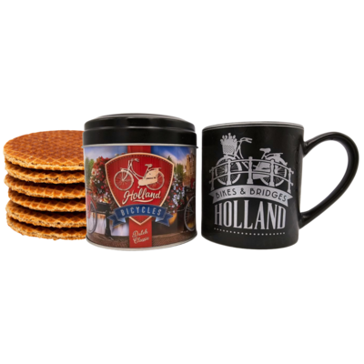 Typisch Hollands Holland-Geschenkset – Becher und Dose mit Stroopwafels