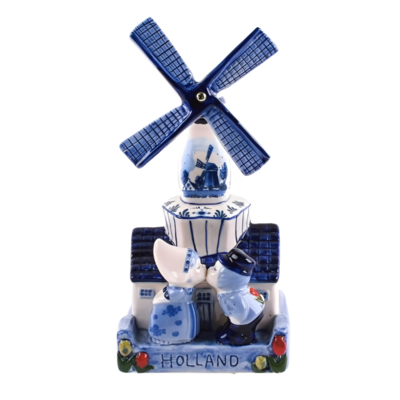 Typisch Hollands Delft blue windmill with music - kissing couple