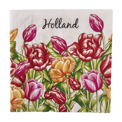 Typisch Hollands Holland servetten met rode en roze tulpen.