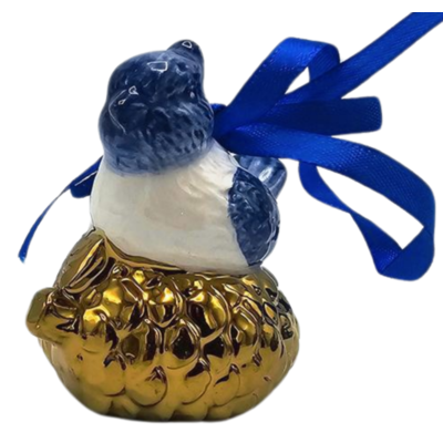 Typisch Hollands Christmas ornament bird on golden pine cone Delft blue