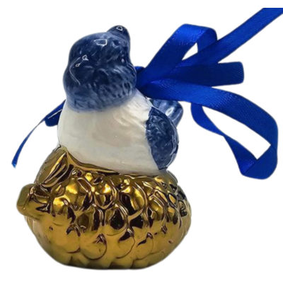 Typisch Hollands Kerstornament vogel op gouden dennenappel  Delfts-blauw