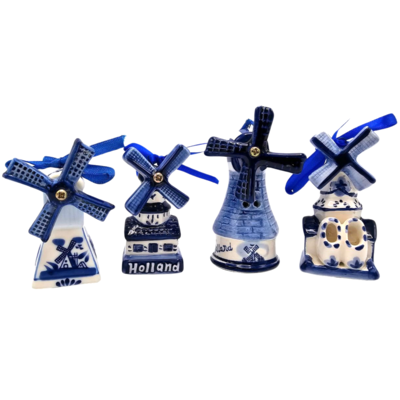 Matix Set van 4 Delfts blauwe kerstboomhangers - molens
