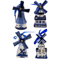 Matix Set van 4 Delfts blauwe kerstboomhangers - molens