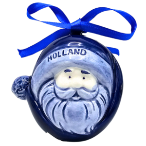 Typisch Hollands Kerstornament kerstman rond met muts Delfts-blauw