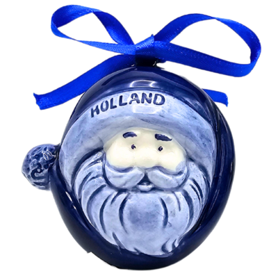 Typisch Hollands Kerstornament kerstman rond met muts Delfts-blauw