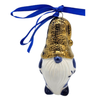 Typisch Hollands Kerstornament kabouter Delfts-blauw  met gouden muts